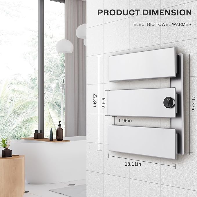 K&KALONZO Electric Towel Warmer, 18.35" W x 22.8" H Wall-Mounted Towel Heater with Built-in Timer, Waterproof Aluminum Towel Warmer for Bathroom, Support Plug-in and Hardwired, Silver, K3-R-S