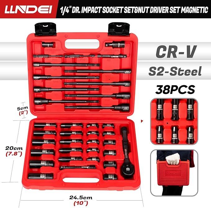 LLNDEI 1/4" Drive Socket Set & Nut Driver Set 38PCS,1/4-Inch Sockets Deep&Shallow SAE 5/32" to 9/16"? with Ratchet, Hex Shank 6" Long Nut Drivers(1/4" to 9/16") for Drill Bits(PH1 PH2)