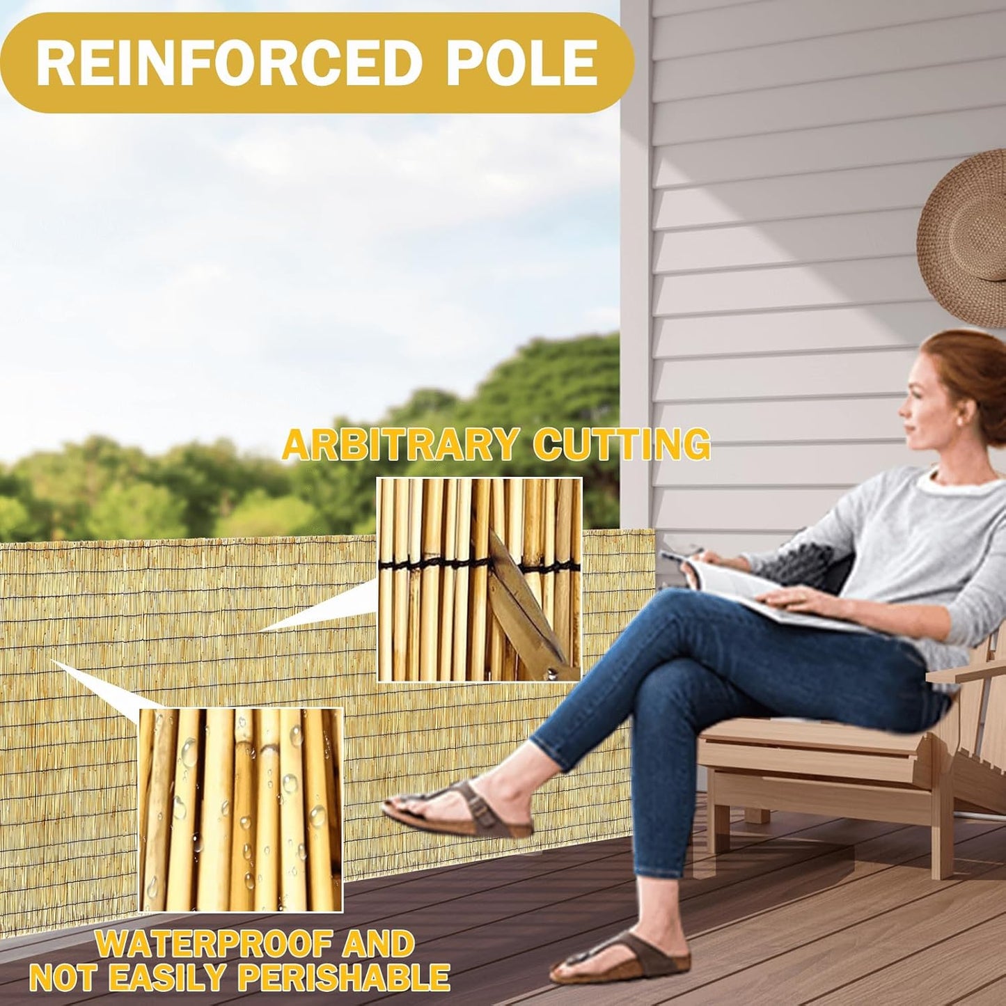 Bamboo Reed Fencing, Natural Decorative Bamboo Privacy Fence 5ft High, Reed Curtains for Patio Garden Balcony Outdoor Privacy Screen, 5 x 16 FT