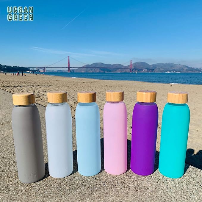 Urban Green Glass Water Bottle with Protective Silicone Sleeve and Bamboo Lid, 18oz, 1extra 304 Stainless Steel Lid with Handle, BPA Free, Dishwasher Safe, Gift Box, Father's day gift