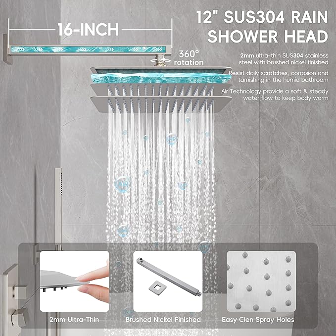 Alesco Shower Faucet Set, Brushed Nickel Shower System with 12-Inch High-Pressure Rainfall Showerheads and Handheld Spray combo, Showerfixture Include Valve and Trim Kit, Brushed Nickel