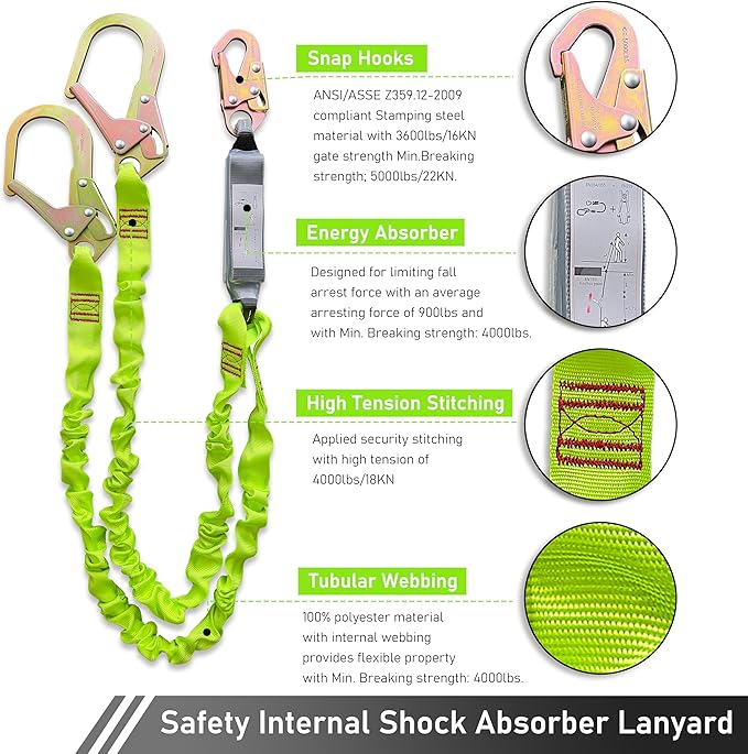 6FT Double Leg Internal Shock Absorbing Safety Fall Protection Lanyard with Dual Rebar & Snap Hook |Heavy-Duty Webbing | Roofer, Construction, Scaffolding | OSHA & ANSI Rated (A-Shock Absorbing)