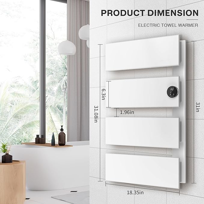 K&KALONZO Electric Towel Warmer, 18.35" W x 31" H Wall-Mounted Towel Heater with Built-in Timer, Waterproof Aluminum Towel Warmer for Bathroom, Support Plug-in and Hardwired, White, K4-R-W
