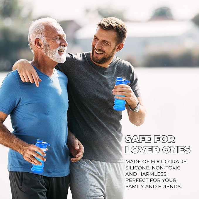 Hydrate Collapsible Water Bottle, 14.2oz - Expandable from 4.3" to 7.4" - Portable Silicone Leakproof Folding Cup - Flexible Liquid Container - Reusable Blue Drink Storage for Travel - Secure Drinking