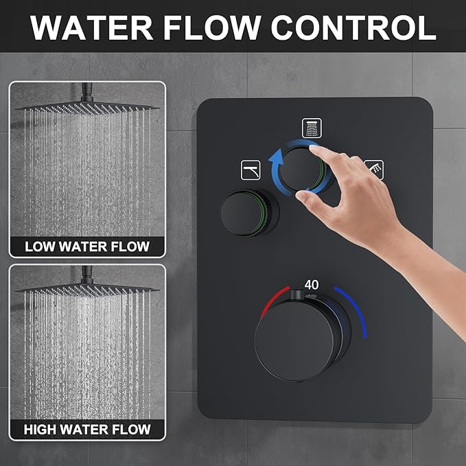 KOJOX Matte Black Thermostatic Shower System, Push Button Diverter Shower Faucet Set with 12" Ceiling Mount Rain Shower, 6" Wall Mount Shower Head, and 4-in-1 Handheld Spray