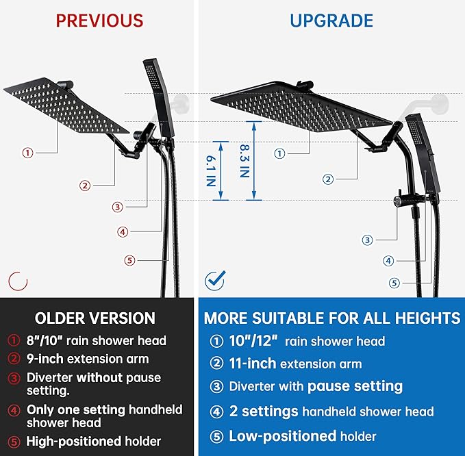 G-Promise All Metal 12 Inches Rain Shower Head with Handheld Built-in Power Wash Mode, 3-way Diverter with Pause Setting, 11 Inches Adjustable Extension Arm with Lock Joint, Long Hose (Matte Black)