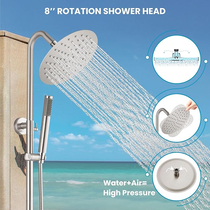 gotonovo SUS304 Outdoor Shower Fixture High Pressure Shower System Wall Mount 2 Dual Function Single Handle Shower Kit with 8 Inch Shower Head and Handheld Spray Shower Faucet Combo, Brushed Nickel