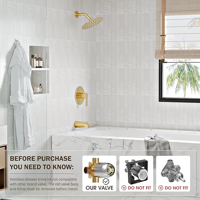 Tub Shower Faucet Set, Tub and Shower Trim Kit with 6 Inch High-Pressure Rian Shower Head,Shower Head and Handle Set, Brushed Gold