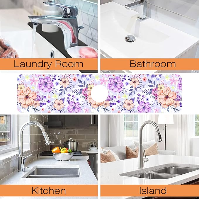 Kitchen Sink Splash Guard Faucet Mat Beautiful Meadow Flowers Sink Splash Guard Behind Faucet,1 PC Soft Diatom Mud Non-Slip Mat-for Kitchen,Dish Drying Mat,Bathroom Faucet Mat 23.5""X5.5""