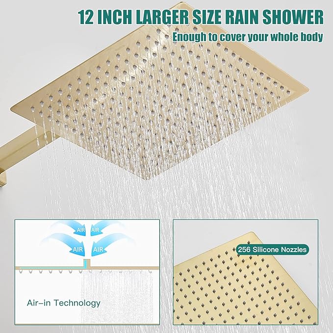 Hoimpro Shower System Set with 12 Inch Bathroom Rain Mixer Shower Head and Handheld Wall Mounted, Rainfall Shower Faucet Fixture Combo with High Pressure 2 in 1 Handheld Showerhead, Brushed Gold
