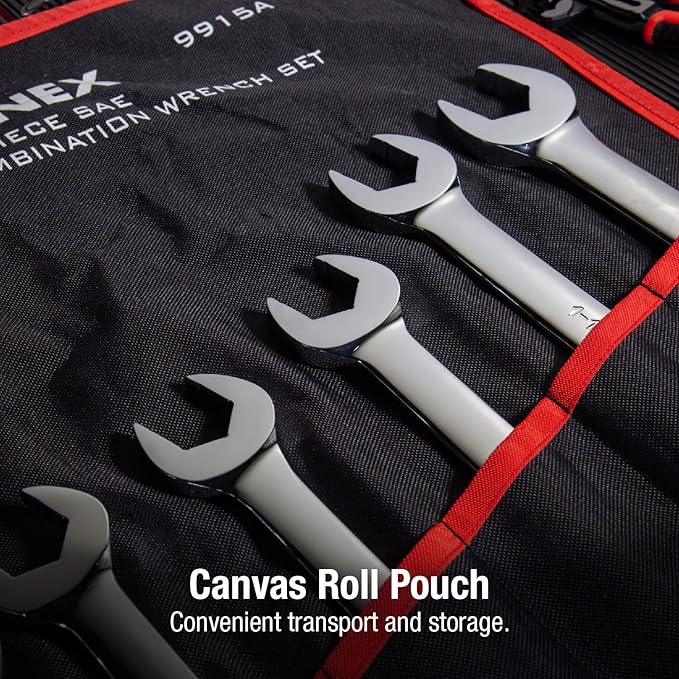 Sunex 9915 V-Groove Fractional Full Polish Combination Wrench Set, 3/8-Inch - 1-1/4-Inch, Fully Polished, 14-Piece (Includes Roll-Case)