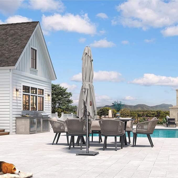 PURPLE LEAF 6 X 10 FT Semi-Auto Outdoor Patio Umbrella Market Table Sun Umbrellas with 6 Aluminum Sturdy Ribs for Backyard Deck Garden Pool (Gray Pole Beige Canopy)