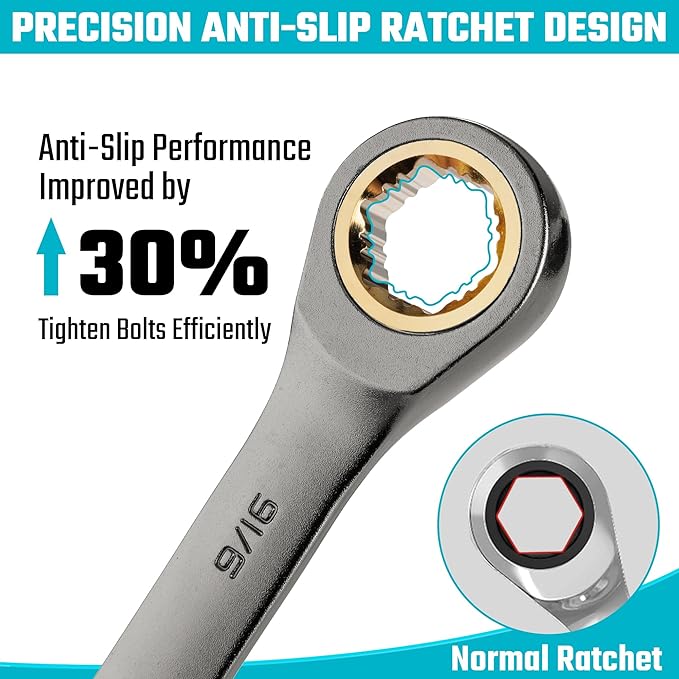 DURATECH Anti-Slip Ratcheting Wrench Set, Combination Wrench Set, 8-piece, SAE 5/16" to 3/4", 72-Tooth, Nickel Plating, CR-V Steel, with Pouch