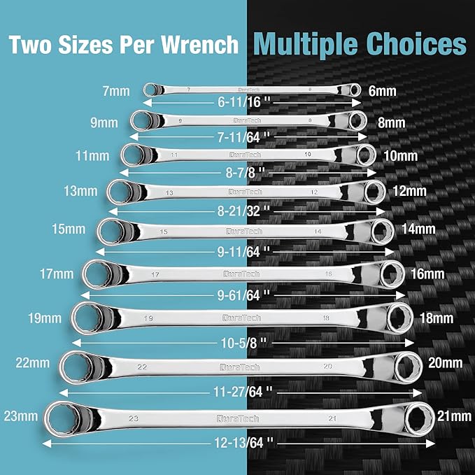 DURATECH Offset Box Wrench Set, Metric, 9-Piece, 6-23mm, 75-Degree, CR-V Steel, Organized in Rolling Pouch