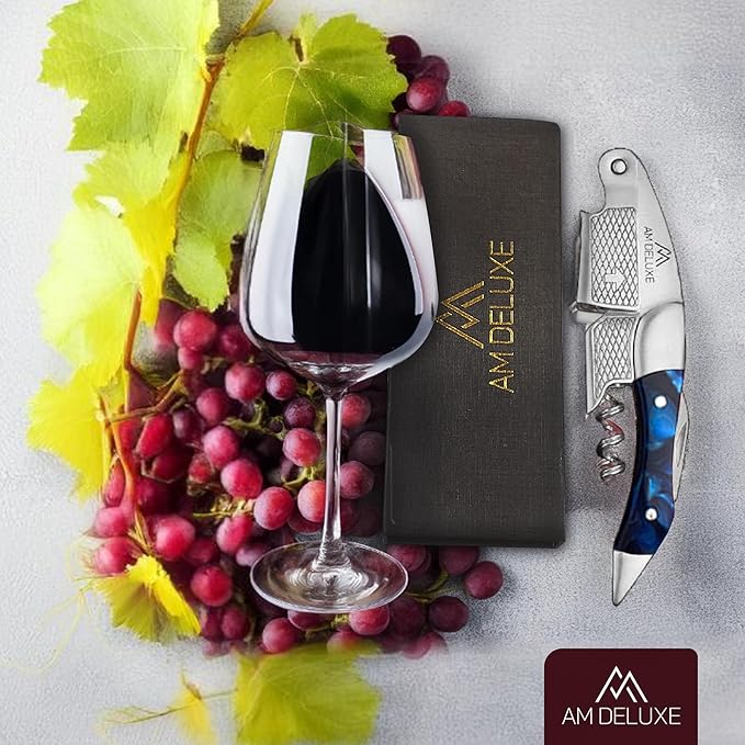 Premium AM DELUXE Waiters Corkscrew Wine Opener - Wine Key For Servers Bartenders, Heavy Duty Stainless Steel & Resin Inlay, Serrated Foil Cutter, Cork Screw Wine Bottle Opener. Magnetic Gift Box