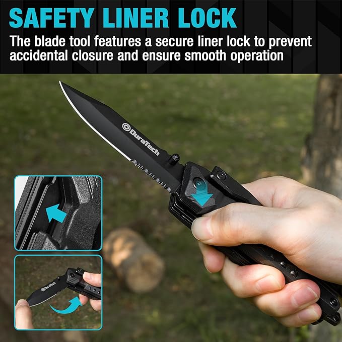 DURATECH 20 in 1 Multitool with Safety Locking, Pocket Tool with Pocket Knife, Screwdriver, Saw, Can Opener, Bottle Opener, Whistle, Fire Starting Sticks, Multi Tool for Outdoor, Hunting, Hiking