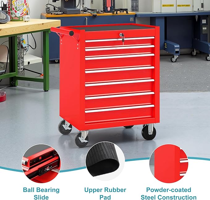 Tool Chest 7 Drawers Garage Storage Cabinet Steel Frame Tool Chest with Wheels, Top Storage Rack, Rubber Mat, Side Handle for Garage Workshop, Red