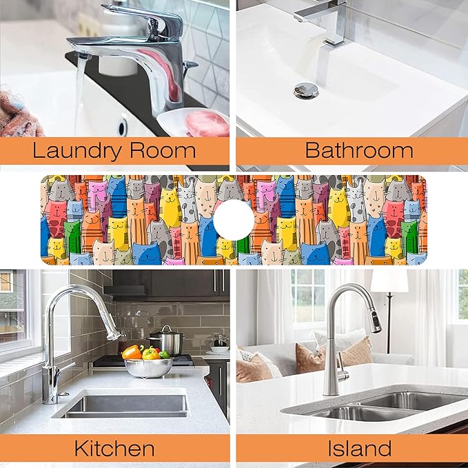 Kitchen Sink Splash Guard Faucet Mat Funny Cats Family Sink Splash Guard Behind Faucet,1 PC Soft Diatom Mud Non-Slip Mat-for Kitchen,Sink Mat,Dish Drying Mat,Bathroom Faucet Mat 23.5"X5.5"
