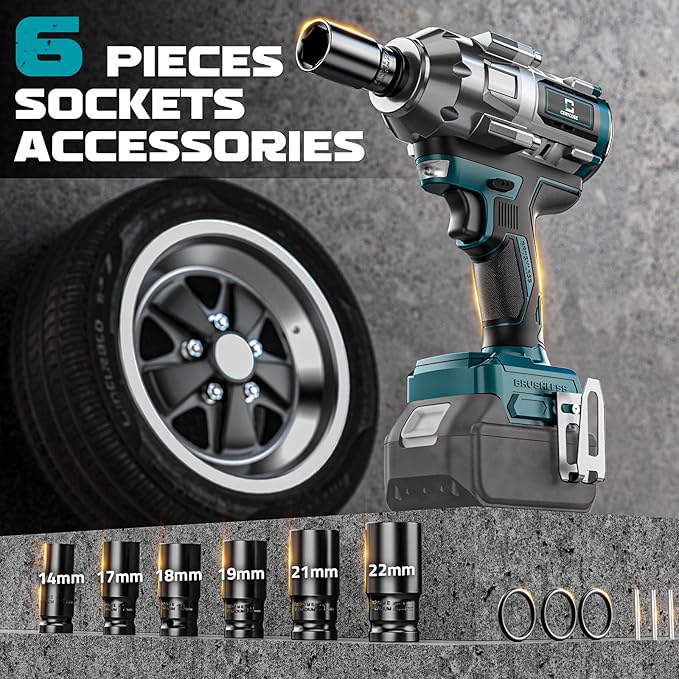 Cordless Impact Wrench 1/2 inch for Makita Battery 900FT-LBS with 6 Sockets and Durable Toolbox Brushless Impact Gun Includes LED Work Light - High Torque Impact Driver, No Battery