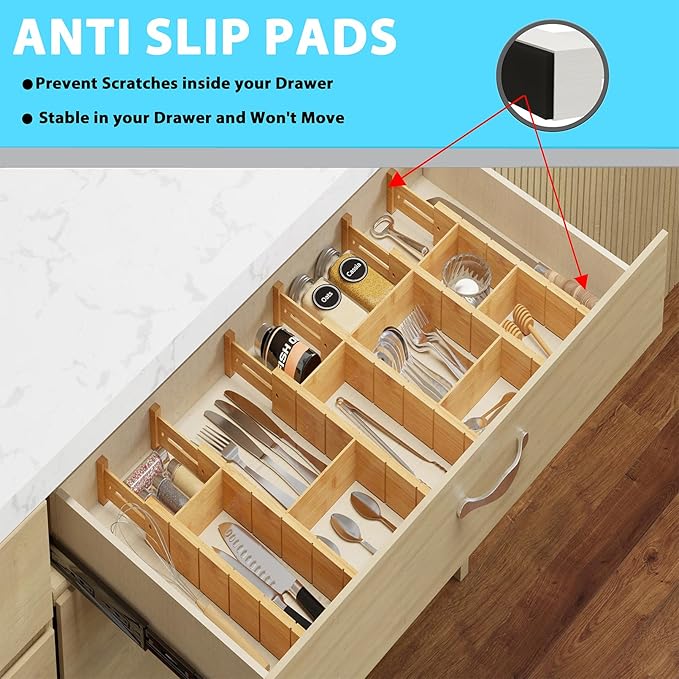 6 Pack Bamboo Drawer Dividers with 12 Inserts, Expandable Adjustable Clothes Drawer Organizers and Storage from 17" to 22" for Kitchen, Bedroom, Dresser, Cosmetics (Natural)
