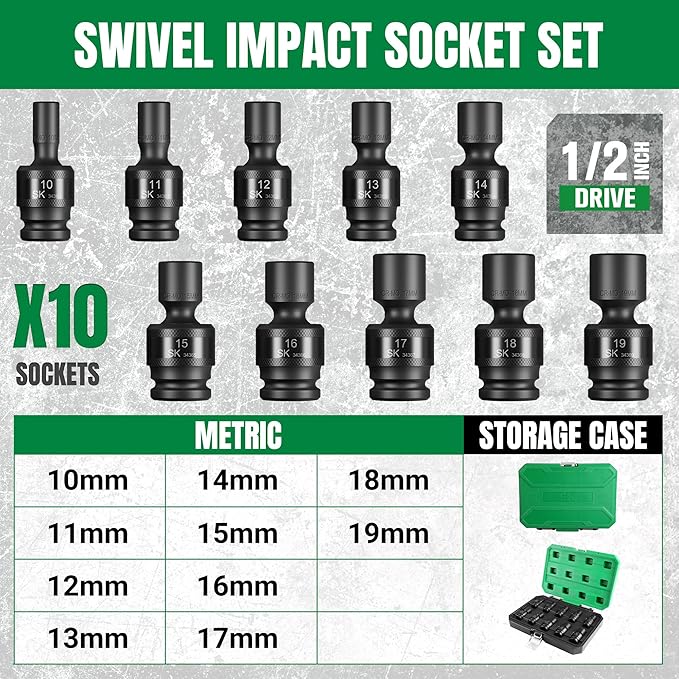 SK 1/2" Drive Universal Swivel Impact Socket Set, Metric Socket Set, 10-Piece, Premium CR-MO Steel, SureGrip 6 Point Design, with Storage Case