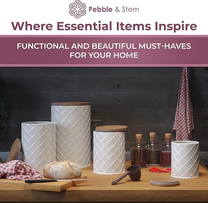 Pebble & Stem® White Metal Canister Set for the Kitchen Counter, Food Canister Set of 4, Airtight Lids, Sugar and Flour Containers for Countertops, Coffee and Tea Storage, Farmhouse Decor