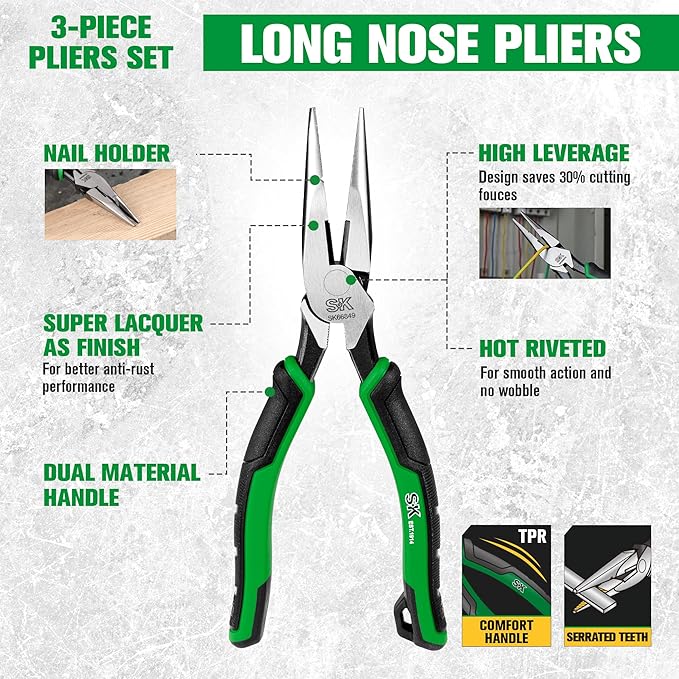 SK 3-Piece Pliers Set, 9.5-Inch Linesman, 8-Inch Diagonal & Needle Nose Pliers, Premium CR-V Construction, Ergonomic Anti-slip Handle, with Rolling Pouch