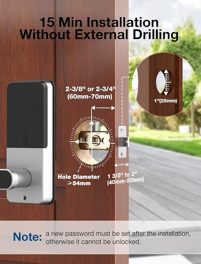 GEONFINO Smart Door Lock, Sliver Keyless Entry Lock with Handle, Front Door Lock with Keypad, Fingerprint Safe Lock with Bluetooth, App Electronic Door Locks for Front Door, Home