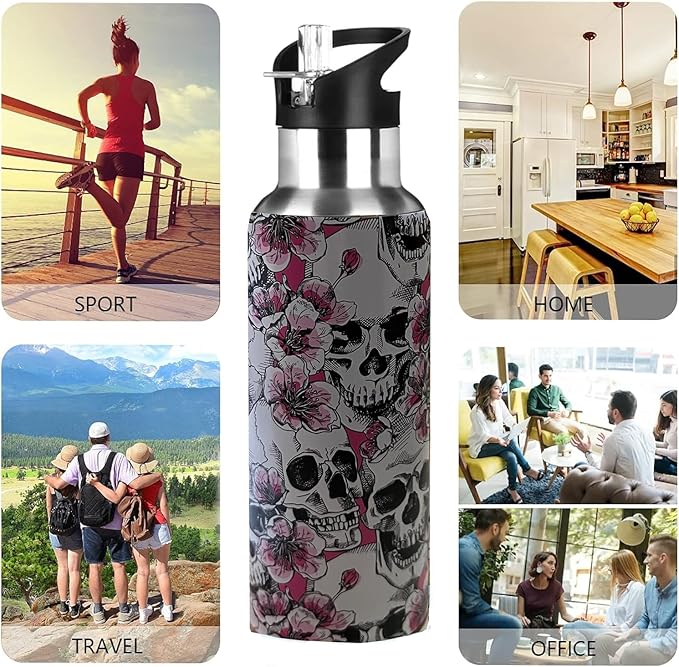 Floral Skull Sport Water Bottle with Straw, Vacuum Insulated Stainless Steel Thermal Drinking Travel Mug Cups For Gym Fitness Camping-17oz/500ml, Pink