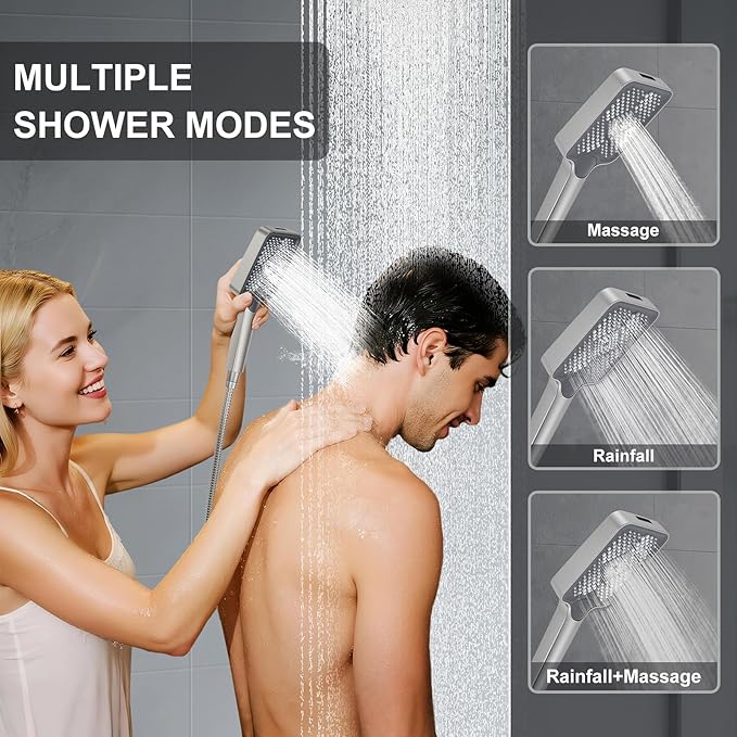 Shower System 13-Inch Rainfall Shower Head - 3 Setting Handheld Sprayer, Complete Bathroom Set with Faucet Mixer Trim Kit & Valve Brushed Nickel