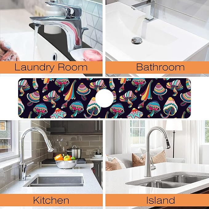 Kitchen Faucet Mat Magic Mushrooms Kitchen Sink Splash Guard Faucet Mat,1 PC Splash Guard Behind Faucet Drip Catcher for Kitchen,Sink Mat,Dish Drying Mat,Bathroom Faucet Mat 23.5""X5.5""