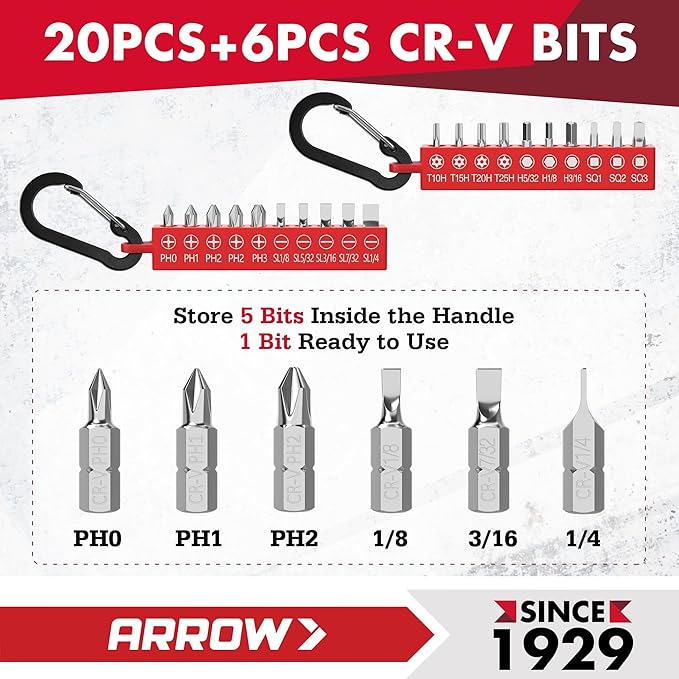 ARROW Ratchet Screwdriver Set, 27-IN-1 Multi Bit Ratcheting Screwdriver with Durable Zipper Storage Pouch, Portable Screw Driver Set Kit with Phillips, Slotted, Torx, Square Bits