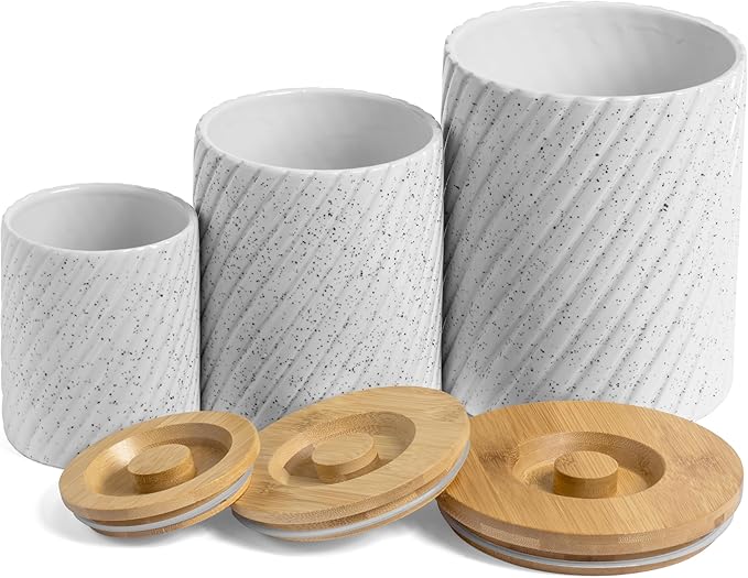 Ceramic Canister Set for Kitchen Countertop & Pantry – 3 Airtight Food Storage Containers for Flour, Sugar & More – Durable White Ceramic with Bamboo Lids