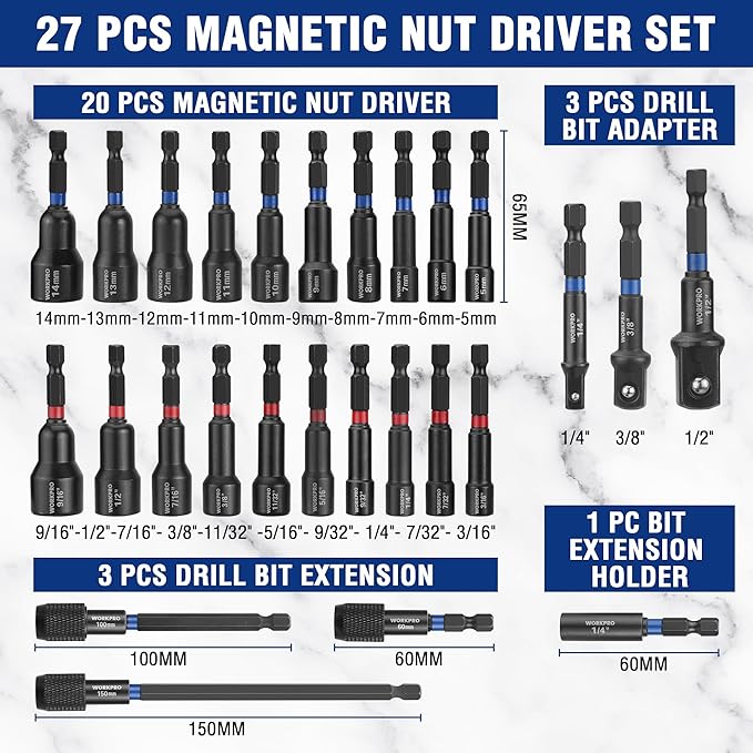 WORKPRO 27 PCS Magnetic Nut Driver Set, Impact Drill Driver Bit 1/4" Hex Shank, SAE & Metric Cr-V Steel Power Nut Drivers with Quick-release Extensions, Impact Socket Adapters, Bit Holder and Toolbox