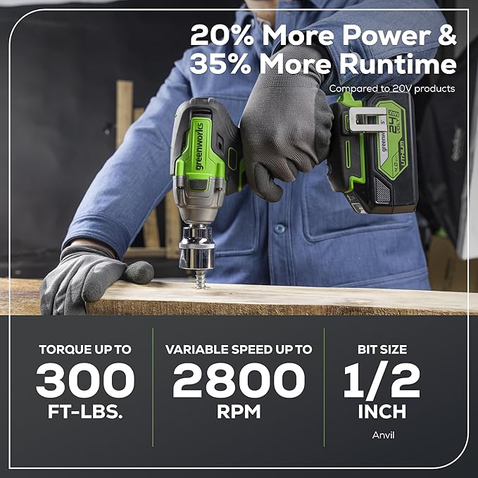 Greenworks 24V Brushless 1/2" Cordless Impact Wrench (3 Speed / 300 ft.-lbs. / LED Light), 4.0Ah Battery and Compact Charger Included