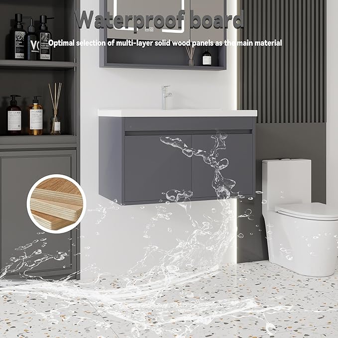 32'' Bathroom Vanity with Ceramic Sink Combo, Wall Mounted Small Bathroom Vanity with Soft-Close Door Modern Floating Cabinet, Pop-up Drain, P-Trap Included, Gray(No Faucet)