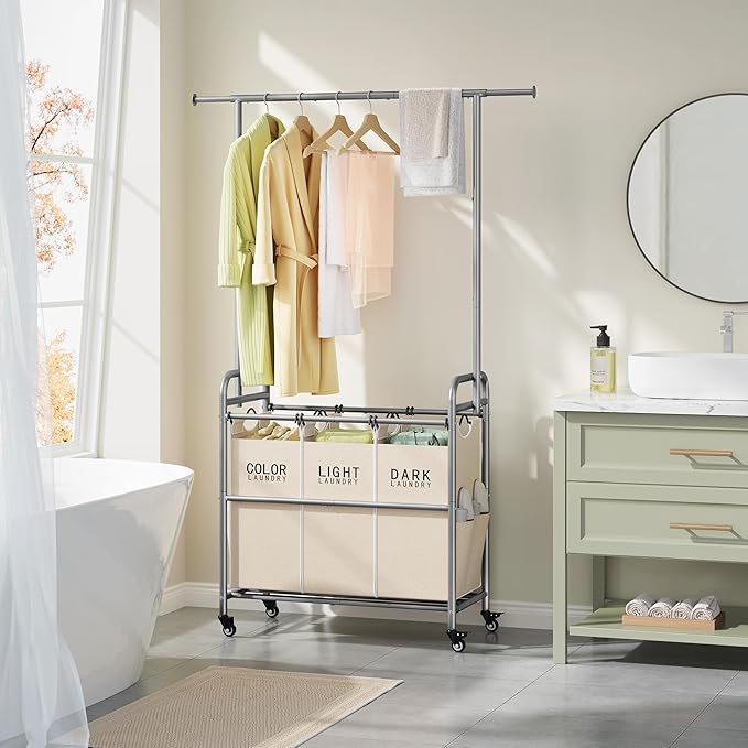 Tajsoon Laundry Hamper with Hanging Rack, 3 Section Laundry Sorter with Heavy Duty Lockable Wheels, Laundry Basket Organizer for Dirty Clothes Storage, 3 Beige