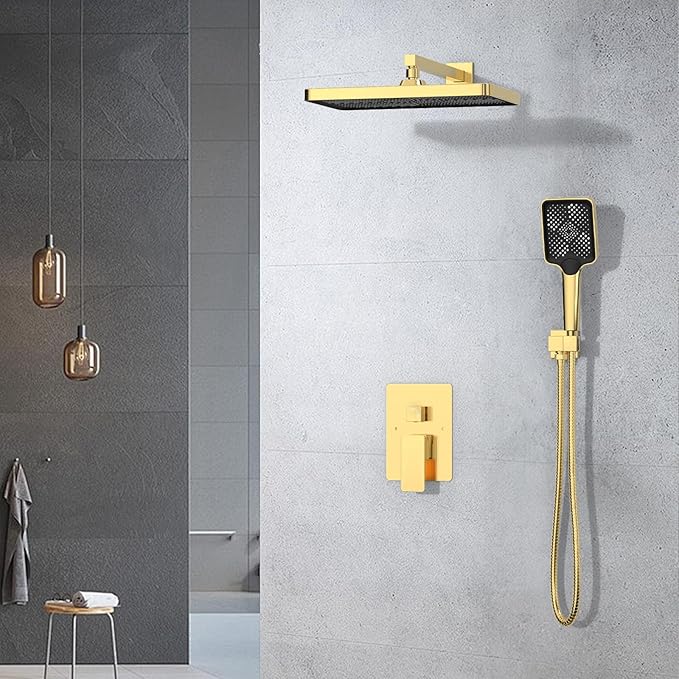 Iriber Gold Shower System Wall Mount with Rainfall Shower Head and Handheld,Shower Faucet Set Mixer Trim Kit (Valve Included),Brushed Gold