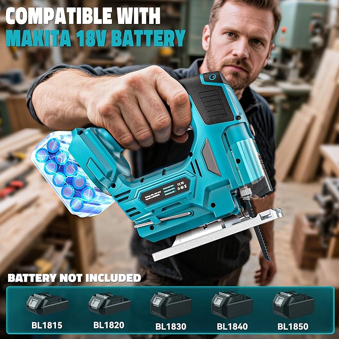 Jig Saw Compatible with Makita 18V Battery, Laser Guide Cordless Jigsaw Tool, 3000RPM Brushless Motor, Variable Speed, 45° Bevel Angle Cut, LED Light, 3 Orbital Sets, 6PCS Blades (No Battery)