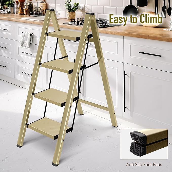 4 Step Ladder,Aluminum Folding Step Ladder for Adults,Step Ladder with Wide Anti-Slip Pedal,330 lbs Capacity for Home,Office,Kitchen,Library(Gold)