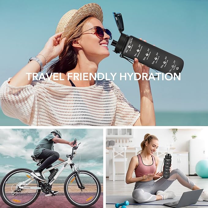 GOSWAG 32oz Motivational Water Bottles with Time Marker and Fruit Strainer, Sports Water Bottle with Times to Drink, Leakproof, Reusable Plastic Bottle with Strap no Straw for Gym, School