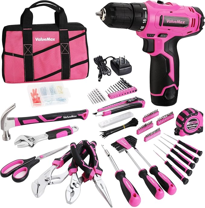 ValueMax Home Tool Kit with Drill, 233-Pieces Pink Tool Set with 12V Cordless Lithium-ion Drill, Power Tool Set with Wide Mouth Open Storage Bag, Basic Drill Sets Combo Kit for DIY and Daily Repair