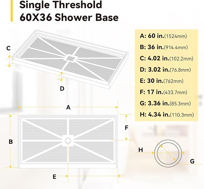 Sunrosa Shower Base 60"×32"×4", Single Threshold Shower Bases with Center Drain, Rectangle Solid Surface White Shower Pan, Slip Resistant Textured Surface, Include Stainless Steel Chrome Cover