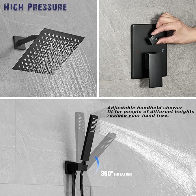 Shower Faucet Set Rain Shower System Matte Black with High Pressure 8-Inch Shower Head Handheld Square Shower Head Bathroom Luxury Rain Shower Faucet Shower Complete Combo Kit Wall Mounted