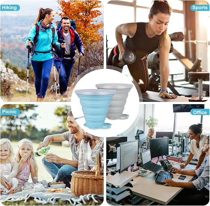 Silicone Collapsible Travel Cup Small 270ml Folding Drinking Cups Silicone Folding Camping Cup for Outdoor Hiking Travel (Blue and Grey,2Pack