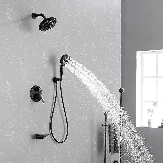 SHAMANDA Luxury Tub Shower Faucet Set with Round-in Valve, Wall Mounted Shower System with Waterfall Tub Spout and 6-Setting Rain Shower Head with 9-Setting Handheld, Matte Black, L8083-7