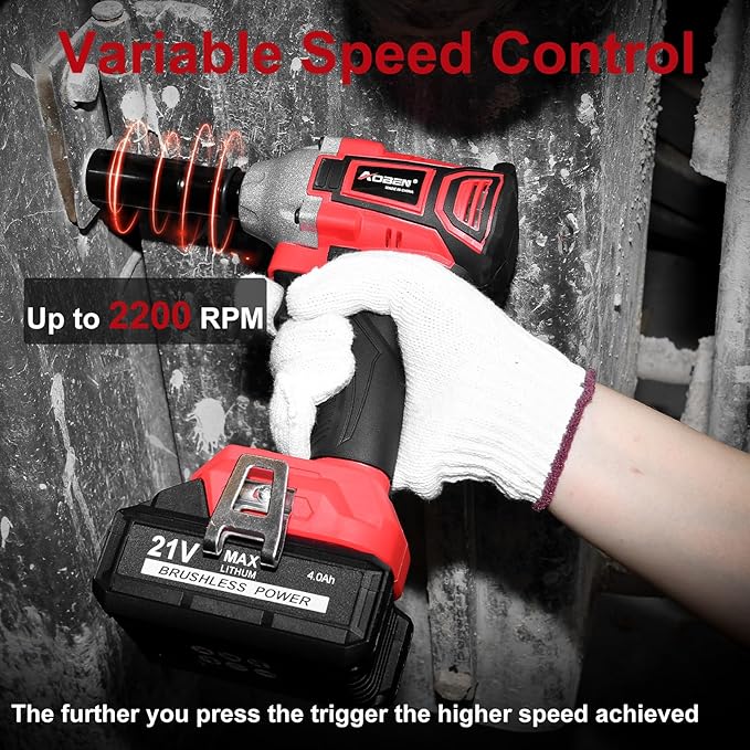 AOBEN Cordless Impact Wrench 1/2 inch,21V 300N.m Brushless Impact Gun with 2X 4.0Ah Battery,Charger & 6 Sockets,Electric Impact Wrench for Car Home (2 battery)