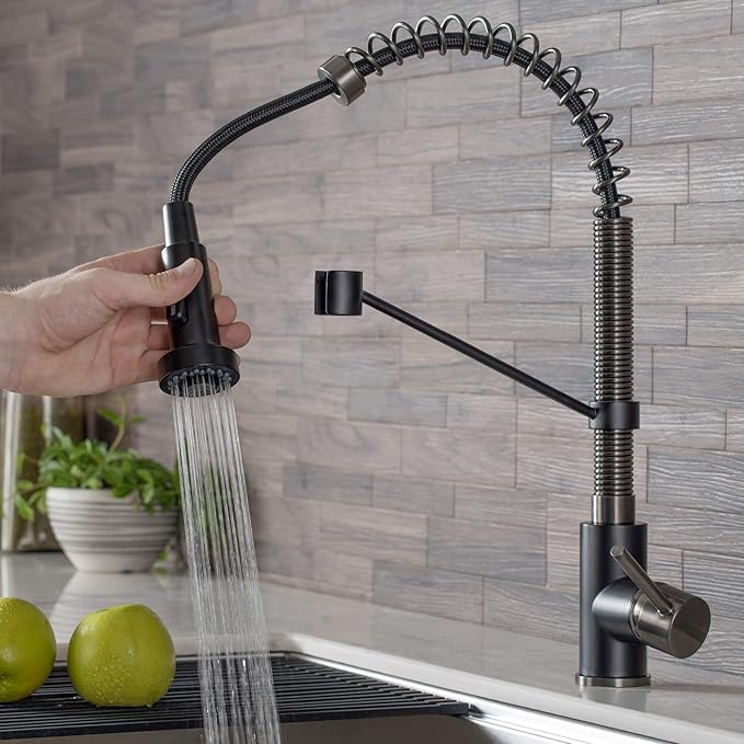 KRAUS Bolden Commercial Style 2-Function Single Handle Pull Down Kitchen Faucet in Matte Black/Black Stainless, KPF-1610MBSB (Pack of 1)