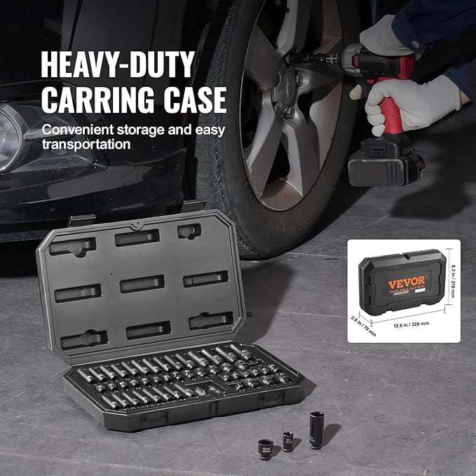 VEVOR Drive Impact Socket Set 1/4" - 48 Piece Deep & Shallow Socket Set SAE 3/16"-9/16" and Metric 4-15mm - 6 Point Cr-Mo Alloy Steel for Auto Repair - Easy-to-Read Size Markings Storage Case