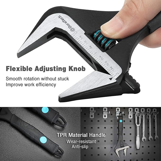 DURATECH 10-Inch Adjustable Wrench, Wide Jaw Opening Black Oxide Finish Plumbing Wrench, CR-V Steel, SAE and Metric Scale Marked, Ergonomic Grip